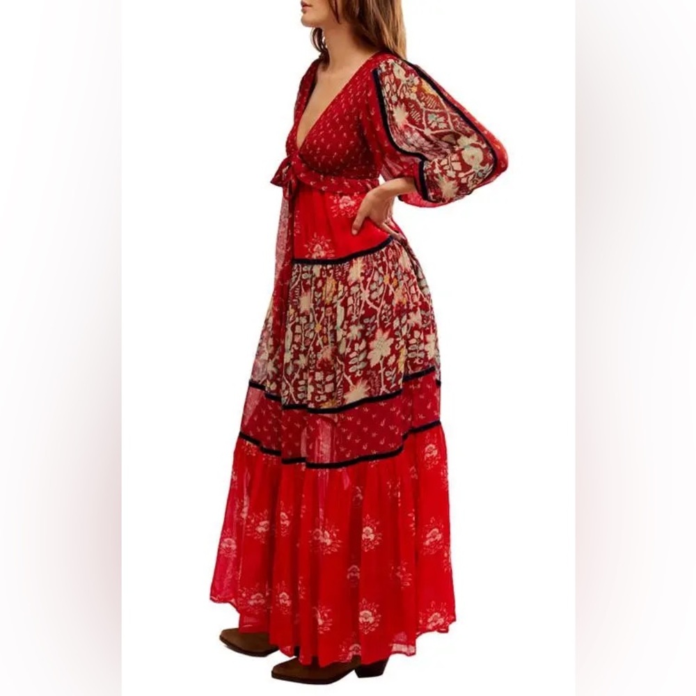 LAST 1!! Free People Bali Laurel Bohemian Long Sleeve Red Maxi Dress - $298 - Picture 8 of 13